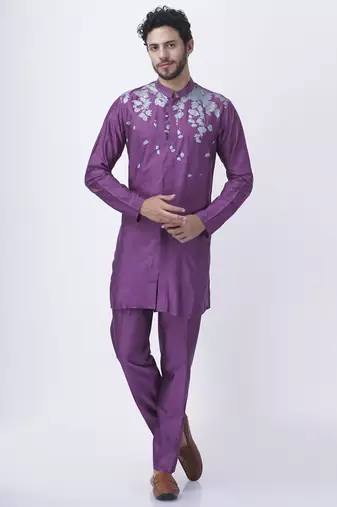 Lilac silk floral printed jacket paired with kurta & pant