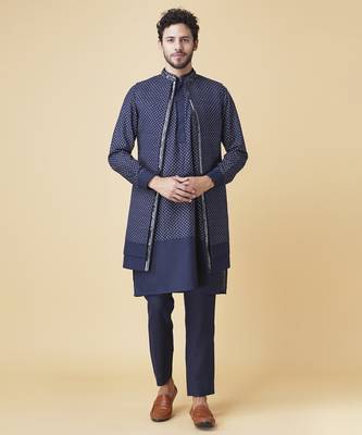 Navy blue silk printed jacket paired with kurta & pant 1