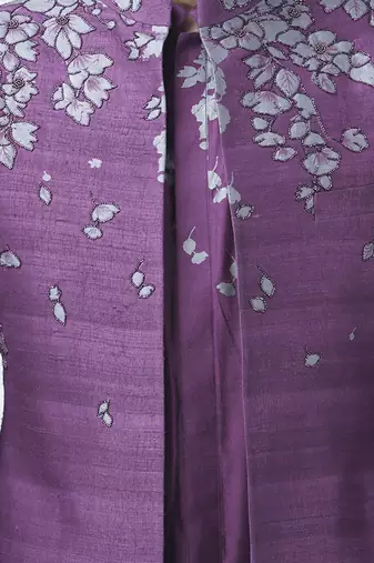 Lilac silk floral printed jacket paired with kurta & pant