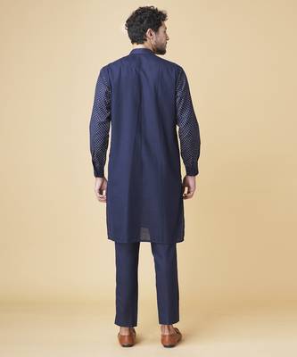 Navy blue silk printed jacket paired with kurta & pant 2