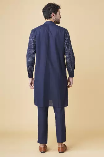 Navy blue silk printed jacket paired with kurta & pant