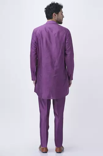 Lilac silk floral printed jacket paired with kurta & pant