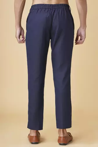 Navy blue silk printed jacket paired with kurta & pant