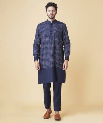 Navy blue silk printed jacket paired with kurta & pant 4