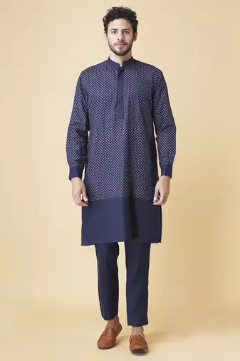 Navy blue silk printed jacket paired with kurta & pant