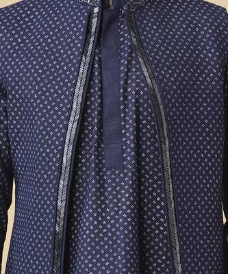 Navy blue silk printed jacket paired with kurta & pant 5