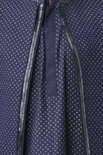 Navy blue silk printed jacket paired with kurta & pant