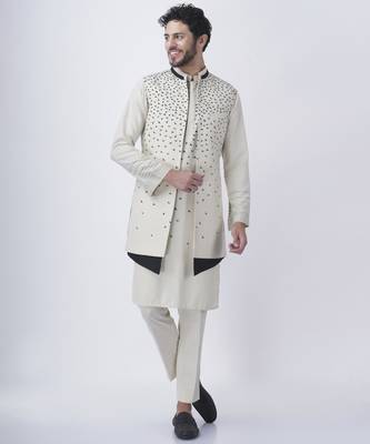White printed Silk jacket with kurta & pant 1