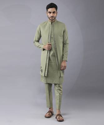 Olive green  solid silk jacket paired with kurta & pant 1