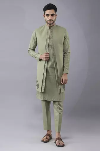 Olive green  solid silk jacket paired with kurta & pant