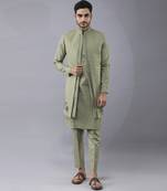 Olive green  solid silk jacket paired with kurta & pant