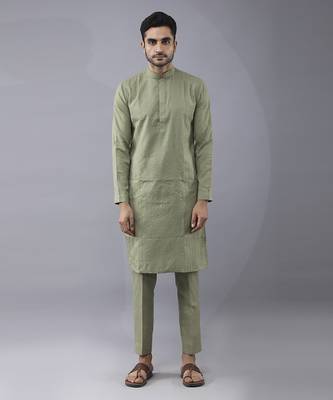 Olive green  solid silk jacket paired with kurta & pant 3