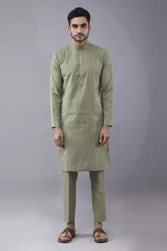 Olive green  solid silk jacket paired with kurta & pant