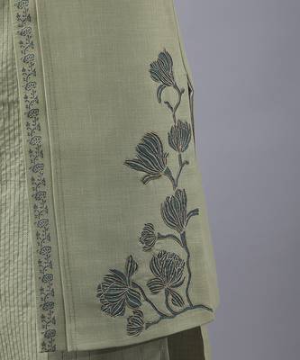 Olive green  solid silk jacket paired with kurta & pant 4