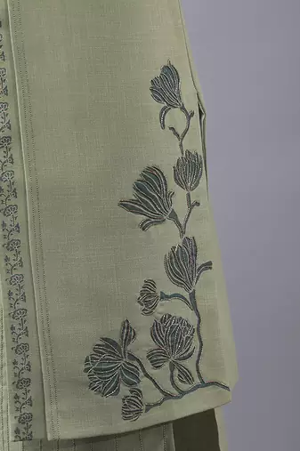 Olive green  solid silk jacket paired with kurta & pant