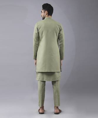Olive green  solid silk jacket paired with kurta & pant 5