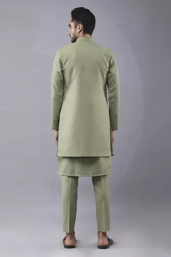 Olive green  solid silk jacket paired with kurta & pant