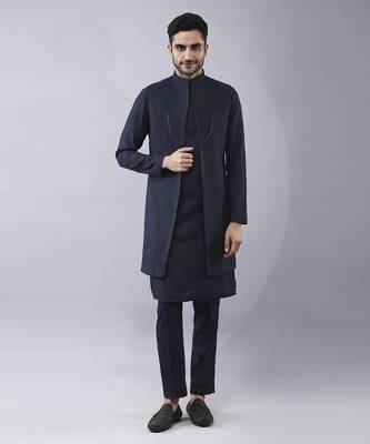 Navy blue solid silk jacket paired with kurta & pant 1