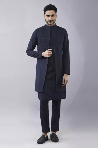 Navy blue solid silk jacket paired with kurta & pant