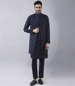 Navy blue solid silk jacket paired with kurta & pant