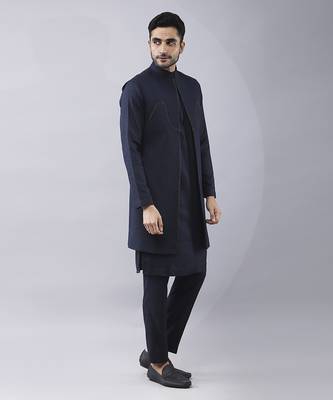 Navy blue solid silk jacket paired with kurta & pant 2