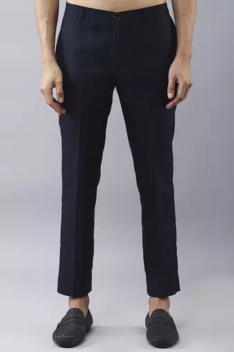 Navy blue solid silk jacket paired with kurta & pant