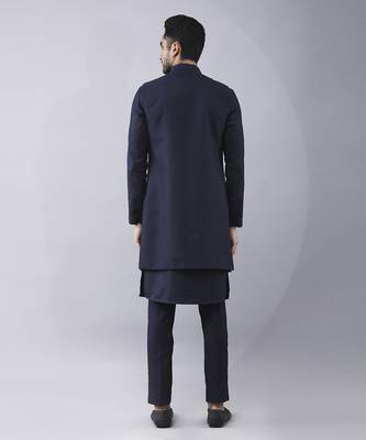 Navy blue solid silk jacket paired with kurta & pant 4