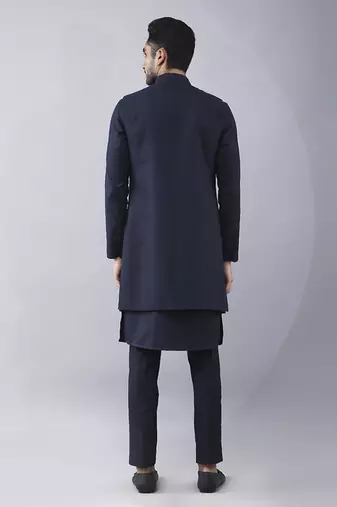 Navy blue solid silk jacket paired with kurta & pant