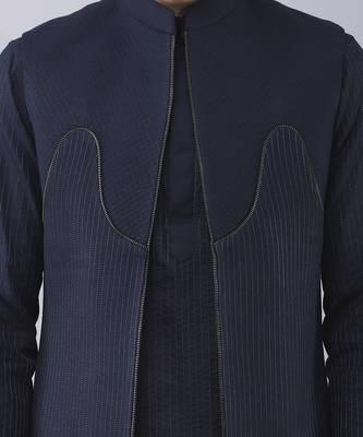 Navy blue solid silk jacket paired with kurta & pant 5