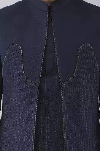 Navy blue solid silk jacket paired with kurta & pant