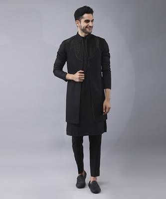Black solid silk jacket paired with kurta & pant 1