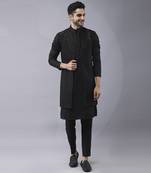 Black solid silk jacket paired with kurta & pant