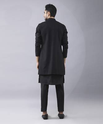 Black solid silk jacket paired with kurta & pant 2