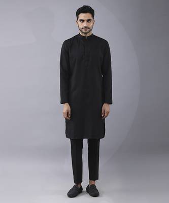 Black solid silk jacket paired with kurta & pant 4