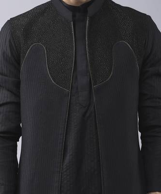 Black solid silk jacket paired with kurta & pant 5