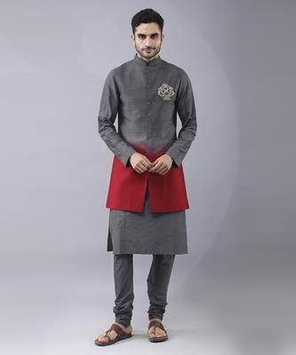 Grey solid silk bandhgala paired with pant & jacket 1