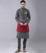 Grey solid silk bandhgala paired with pant & jacket