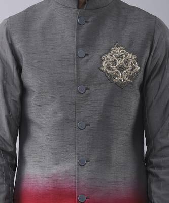 Grey solid silk bandhgala paired with pant & jacket 2