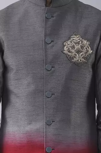 Grey solid silk bandhgala paired with pant & jacket