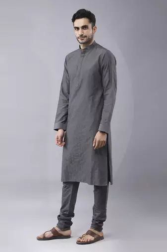 Grey solid silk bandhgala paired with pant & jacket