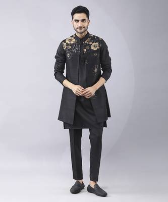 Black floral printed silk jacket paired with kurta & pant 1