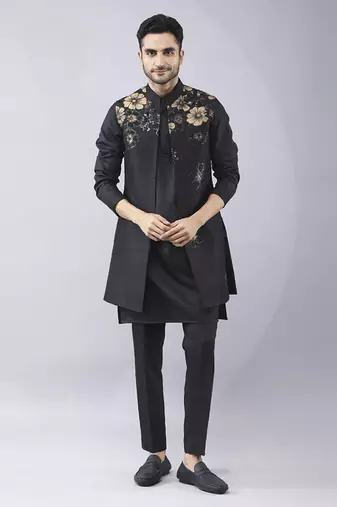Black floral printed silk jacket paired with kurta & pant