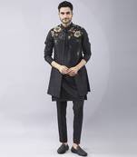 Black floral printed silk jacket paired with kurta & pant