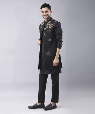 Black floral printed silk jacket paired with kurta & pant 2