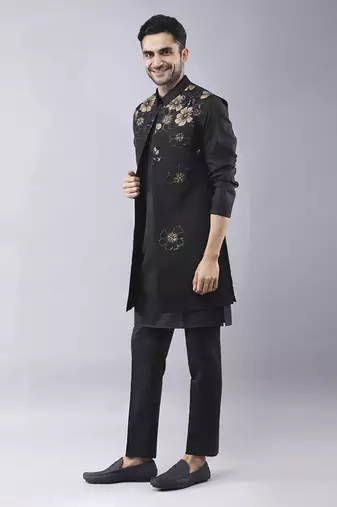 Black floral printed silk jacket paired with kurta & pant