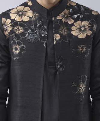 Black floral printed silk jacket paired with kurta & pant 3