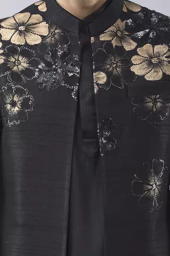 Black floral printed silk jacket paired with kurta & pant