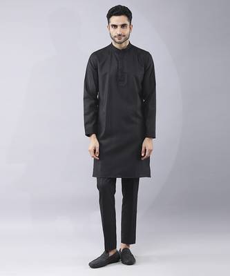 Black floral printed silk jacket paired with kurta & pant 4