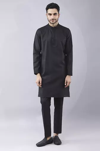 Black floral printed silk jacket paired with kurta & pant