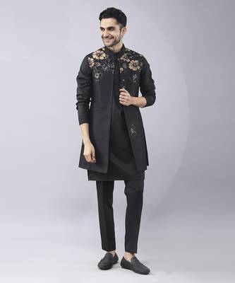Black floral printed silk jacket paired with kurta & pant 5